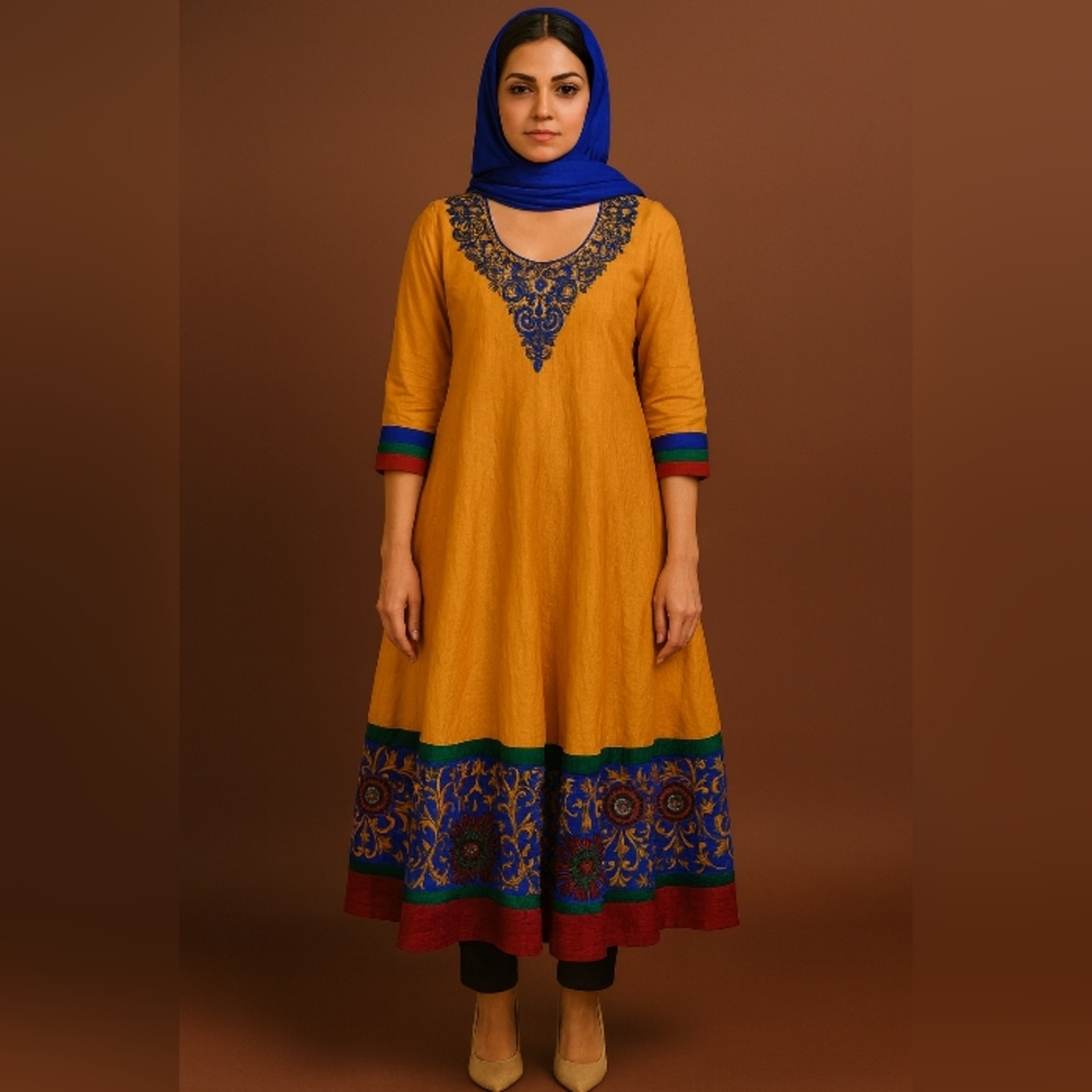 Elegant Mustard and Blue Embroidered Dress